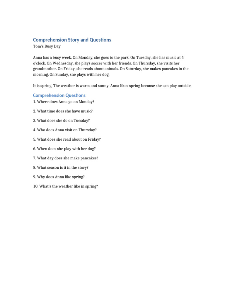 Comprehension Story Questions | PDF