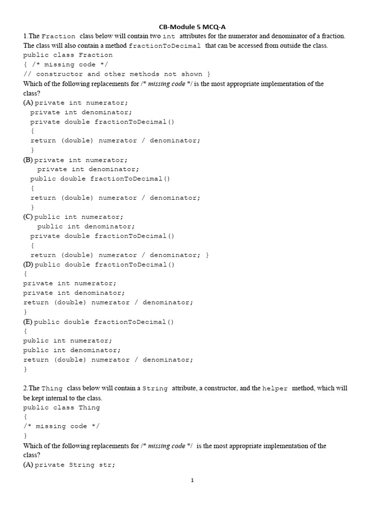 Java Class Implementation MCQs | PDF | Parameter (Computer Programming ...