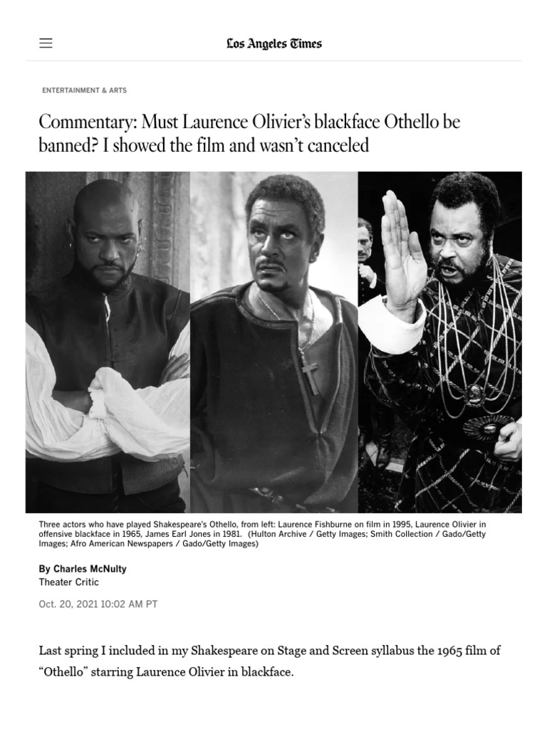 'Othello,' Blackface and The Questions of Race in Shakespeare - Los ...