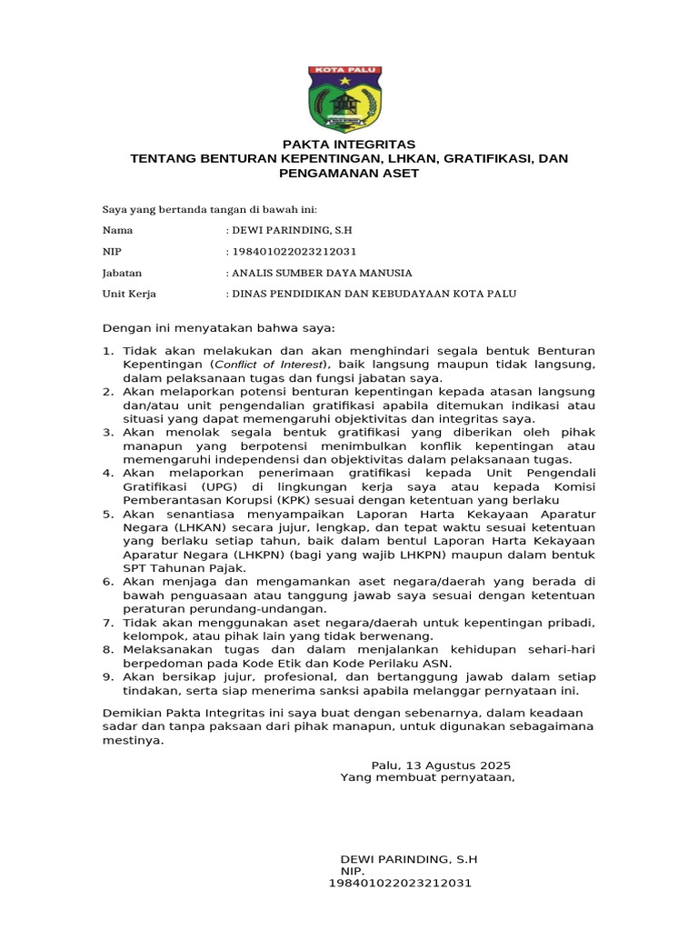 Pakta Integritas Dewi Parinding 2025 | PDF