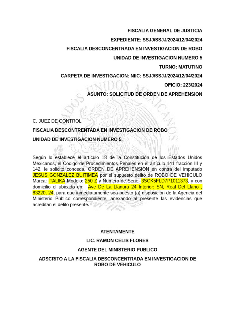 Orden de Aprehension en Contra de | PDF