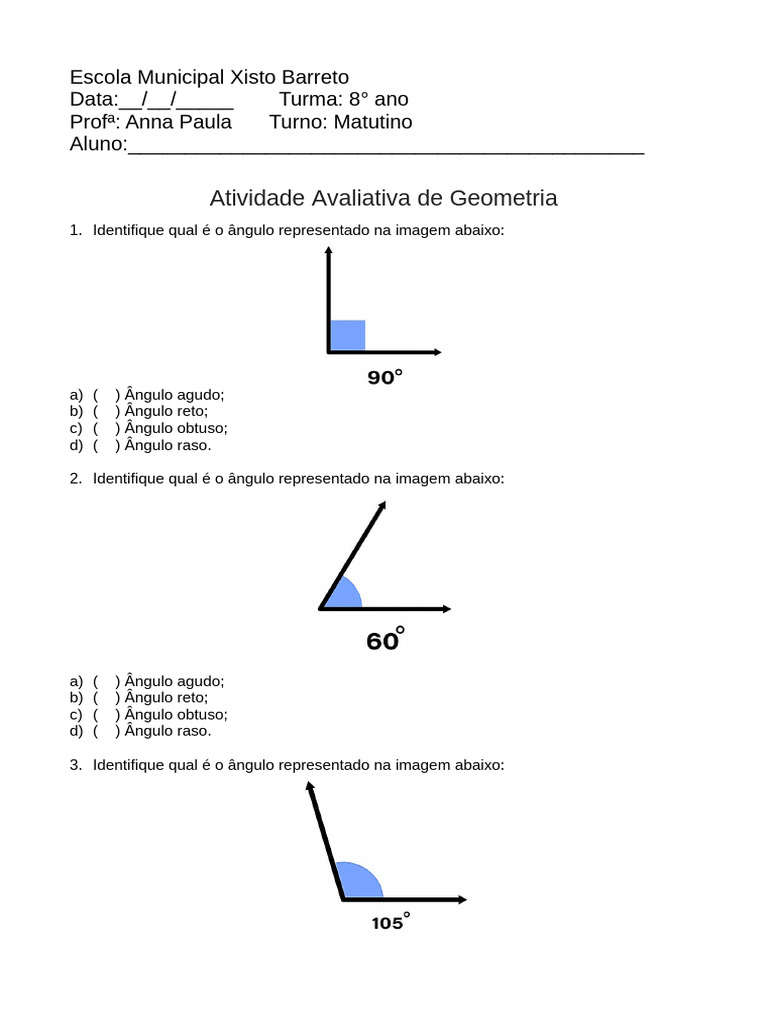 Atividade de Geometria 8º Ano | PDF | Círculo | Ângulo