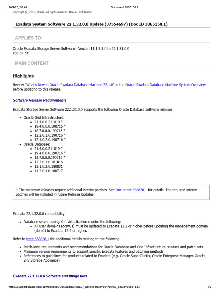 Exadata Software Update 22.1.32.0.0 Guide | PDF | Databases | Computing