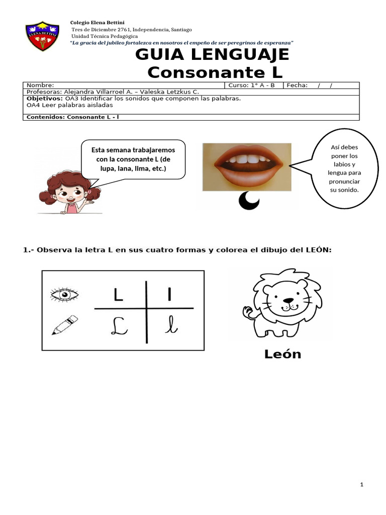 Guía de Lenguaje: Consonante L para 1° Básico | PDF | Lingüística ...
