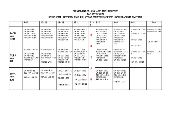Benue State University Language Timetable | PDF