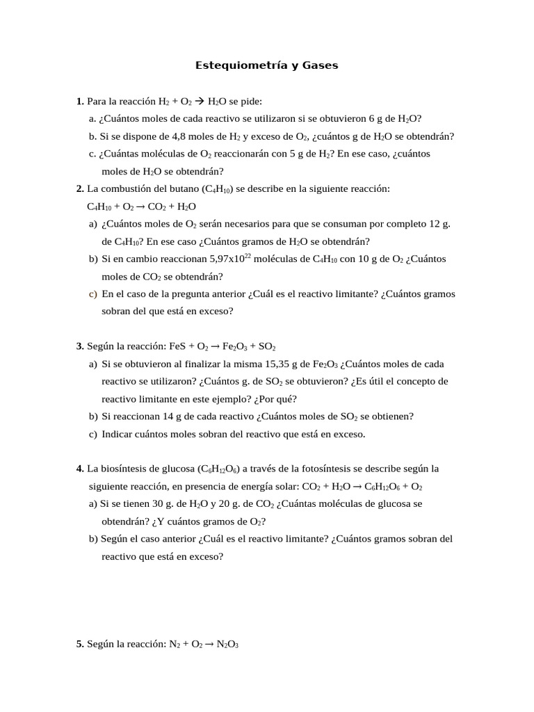 Guía. Estequiometría y Gases. | PDF | Mole (Unidad) | Gases