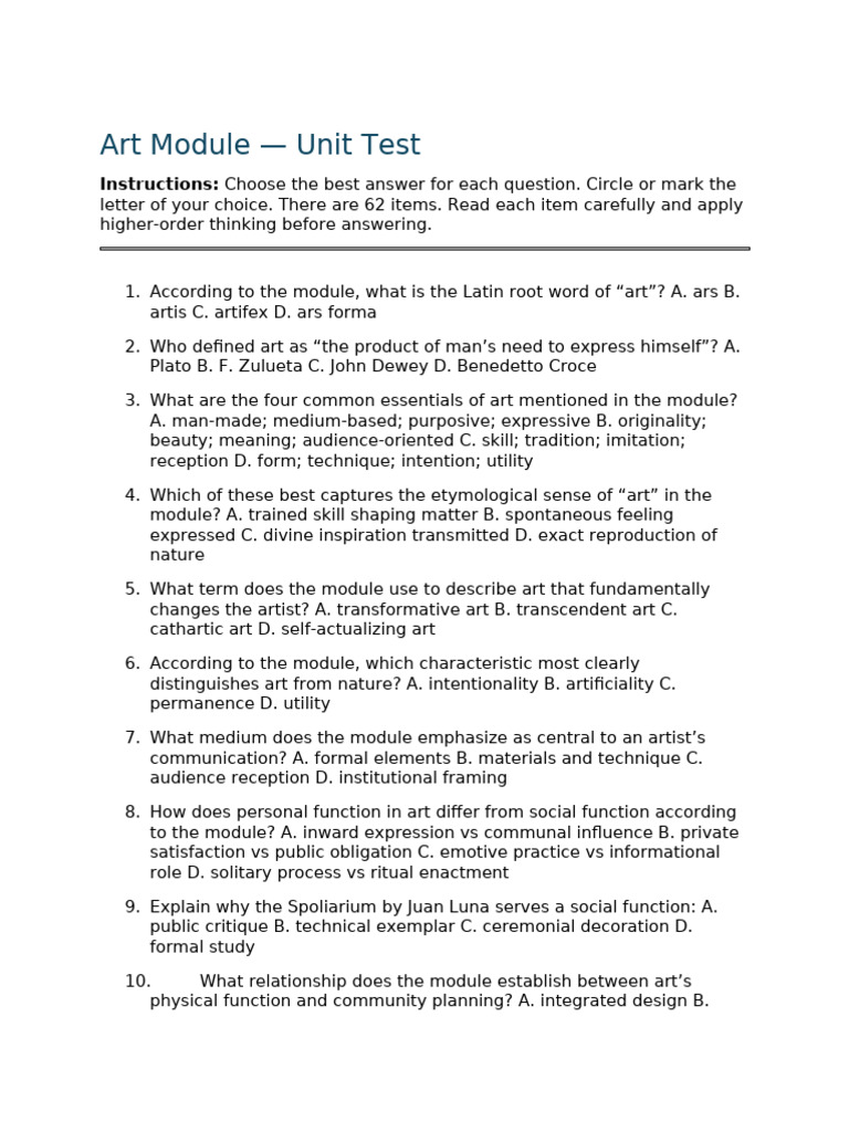Art Module Unit Test Questions | PDF | Composition (Visual Arts) | The Arts