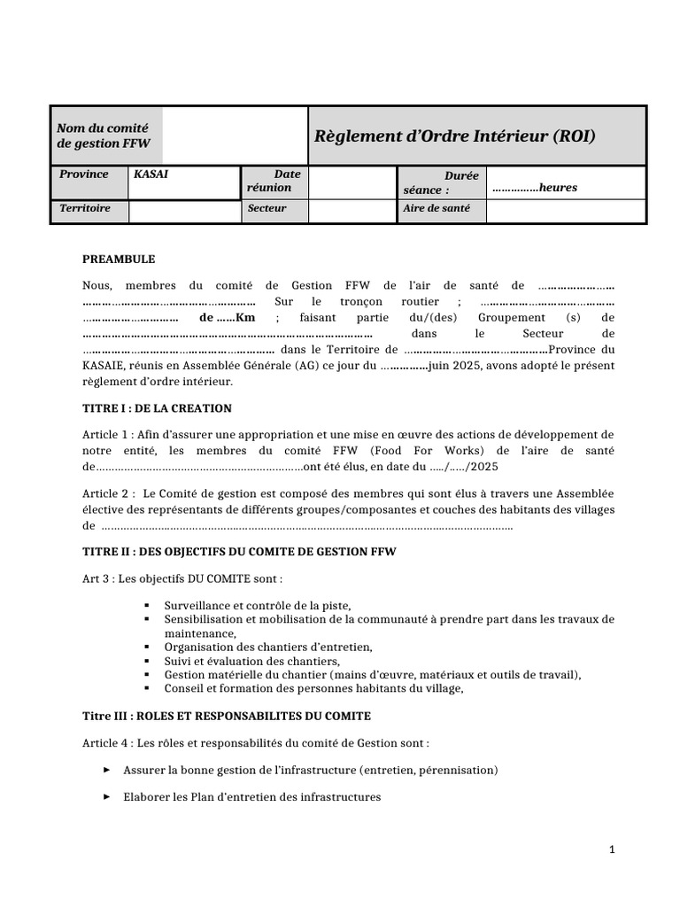 Règlement Intérieur du Comité FFW Kasaï | PDF