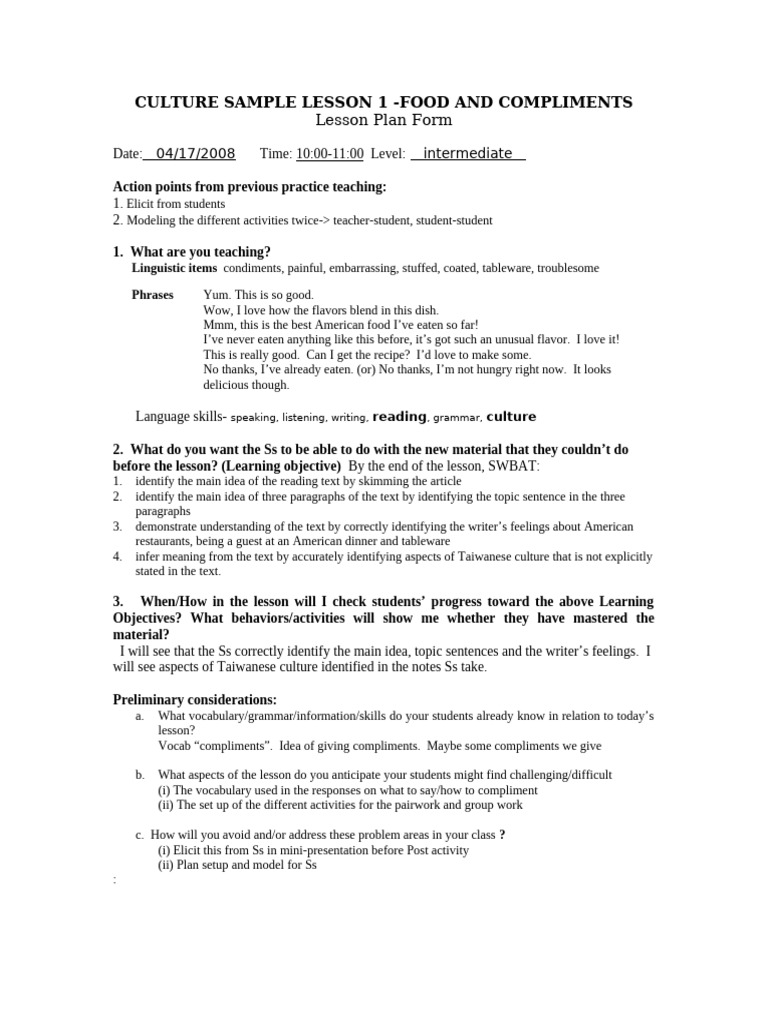 Food Compliments Lesson Plan | PDF | Vocabulary | Linguistics