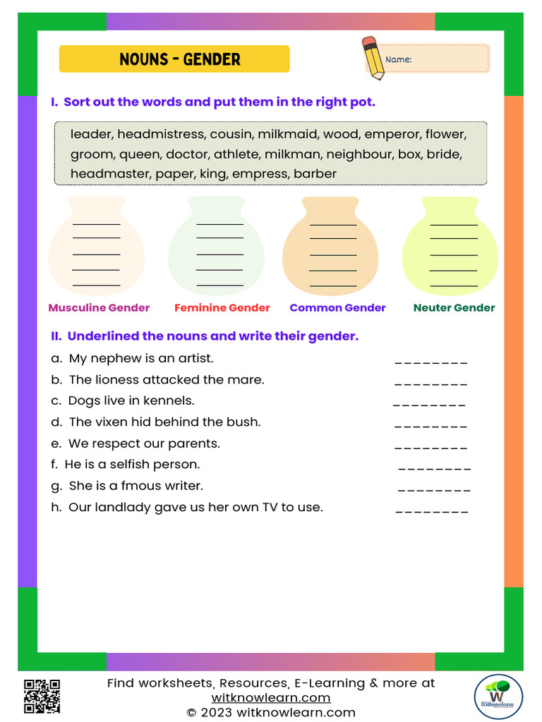 Nouns - Gender: I. Sort Out The Words and Put Them in The Right Pot | PDF
