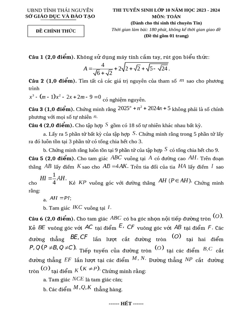 De TS 10 Toan Chuyen Tin CAC TINH Năm 23 24 | PDF
