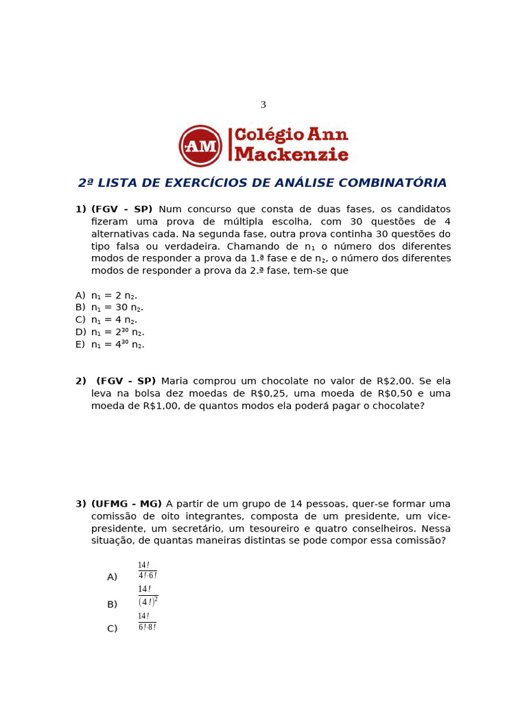 Lista de Exercícios de Análise Combinatória | PDF