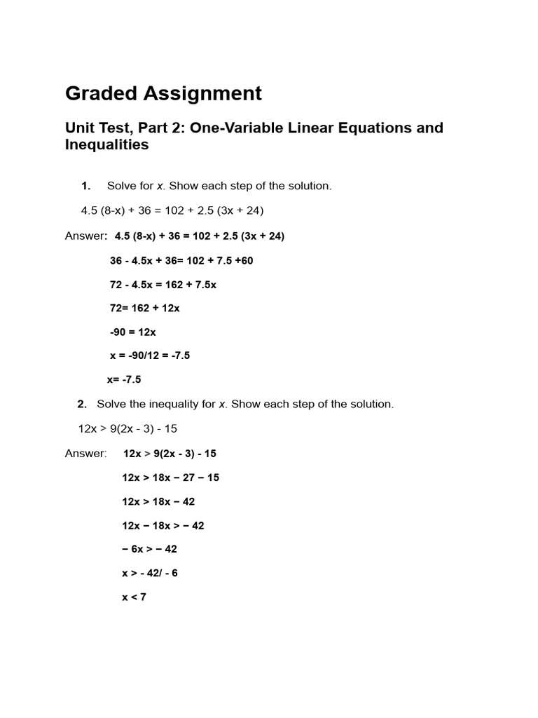 Unit Test, Part 2 - One-Variable Linear Equations and Inequalities | PDF