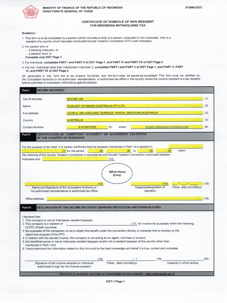 Lampiran Soal III. Indonesian Form DGT - WHT Signed04052019 | PDF