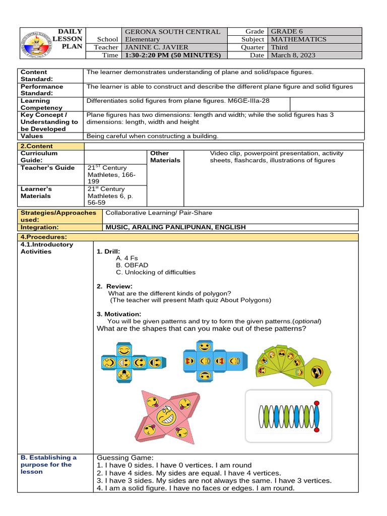 JA9 COT Q3 - MATH Solid and Plane Figures | PDF | Shape | Area