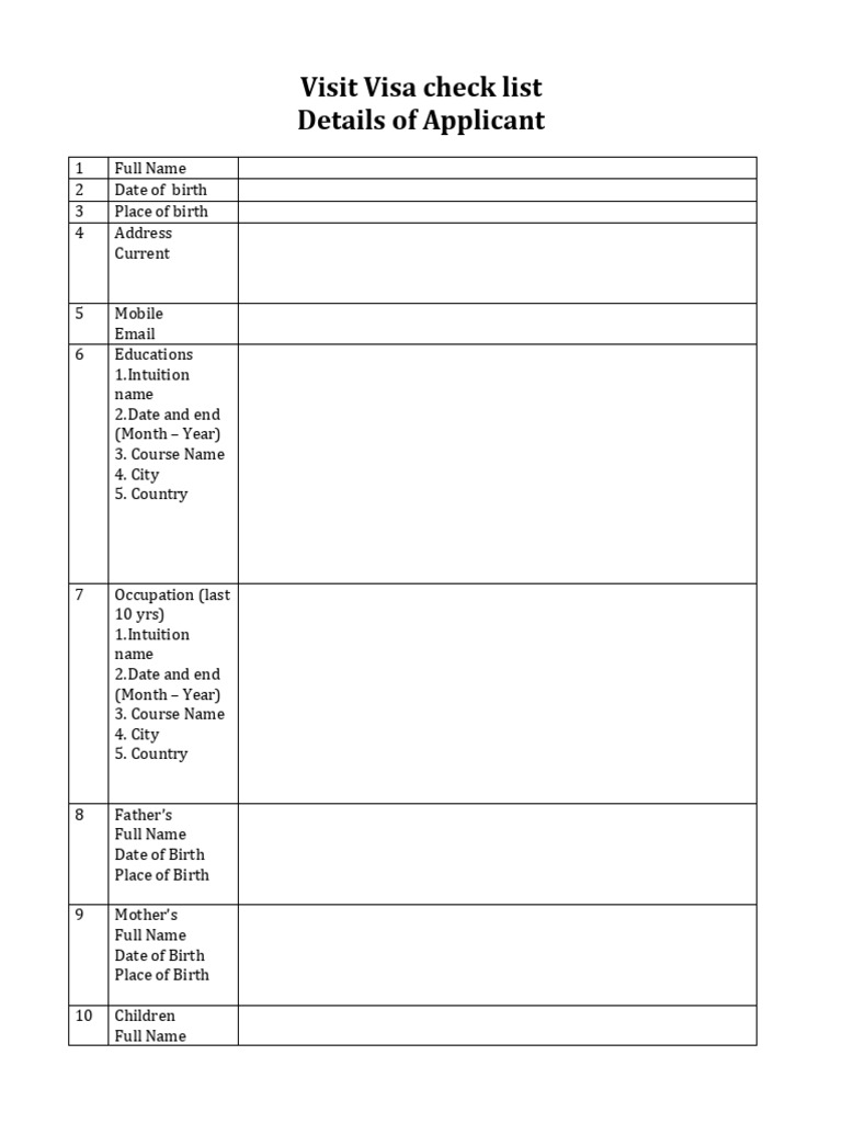 Visit Visa Application Checklist | PDF