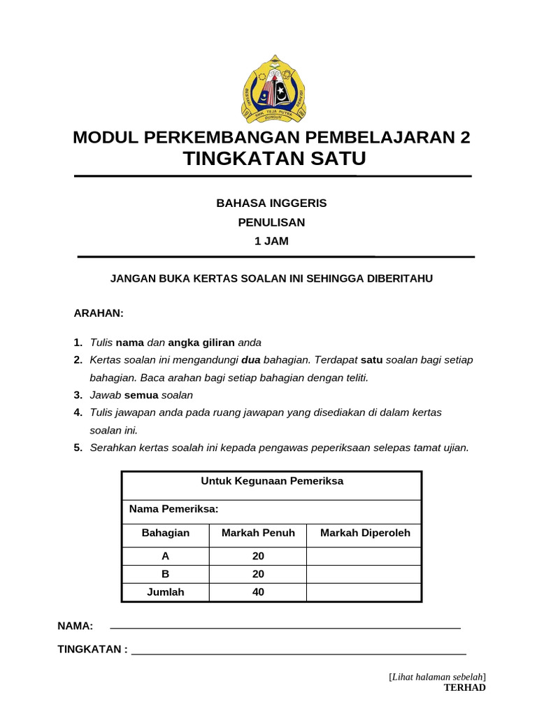 Form 1 Mpp2 Bahasa Inggeris p2 | PDF