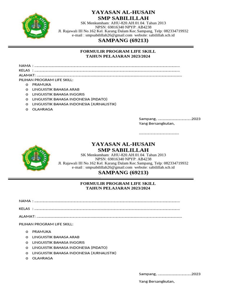 Formulir Program Life Skill | PDF