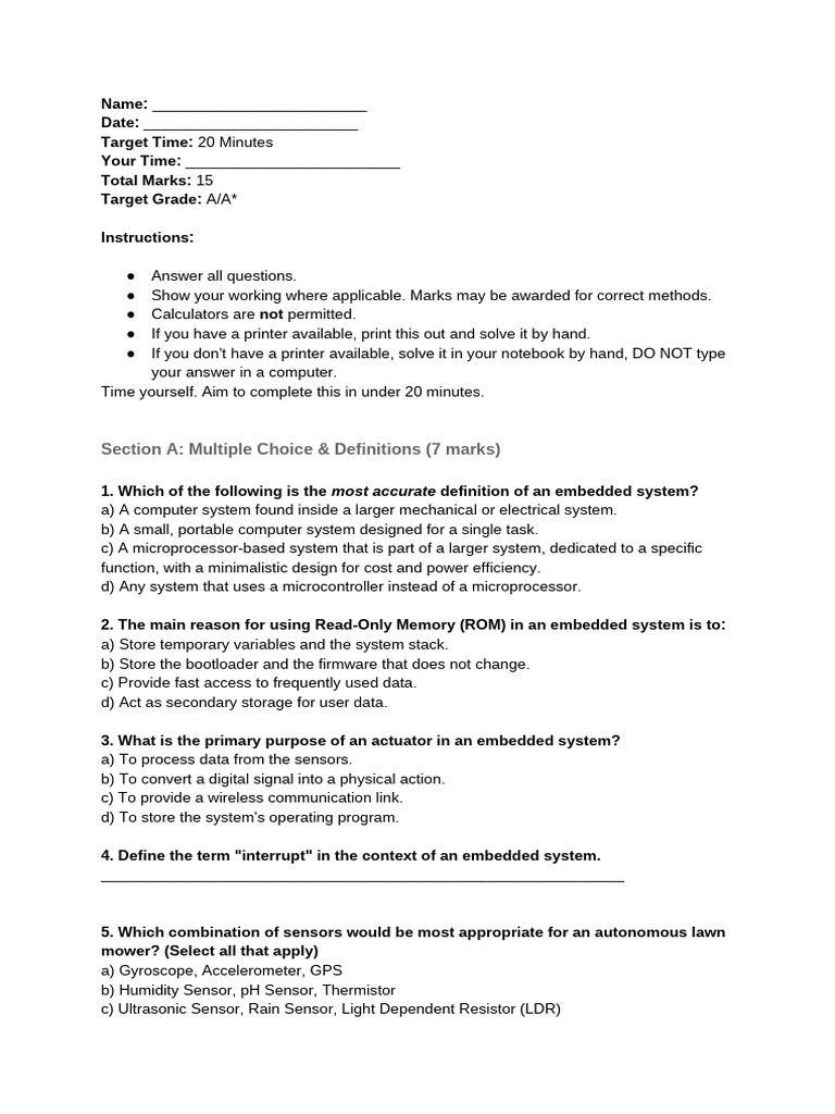 Embedded Systems Quiz and Instructions | PDF | Embedded System | Read ...