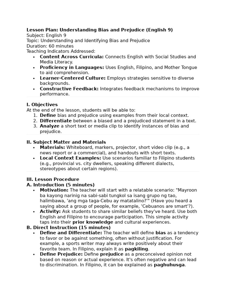 Lesson Plan on Bias and Prejudice | PDF | Prejudices | English Language
