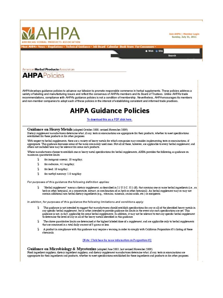 AHPA Guidance On Heavy Metals, Microbials Residual Solvents PDF Dietary Supplements