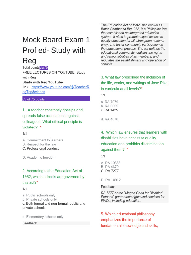 Mock Board Exam 1 Prof Ed | PDF | Differentiated Instruction | Teachers