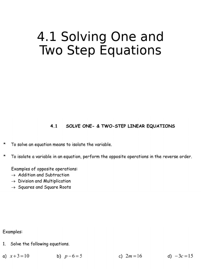 4.1 Solving One and Two Step Equations | PDF