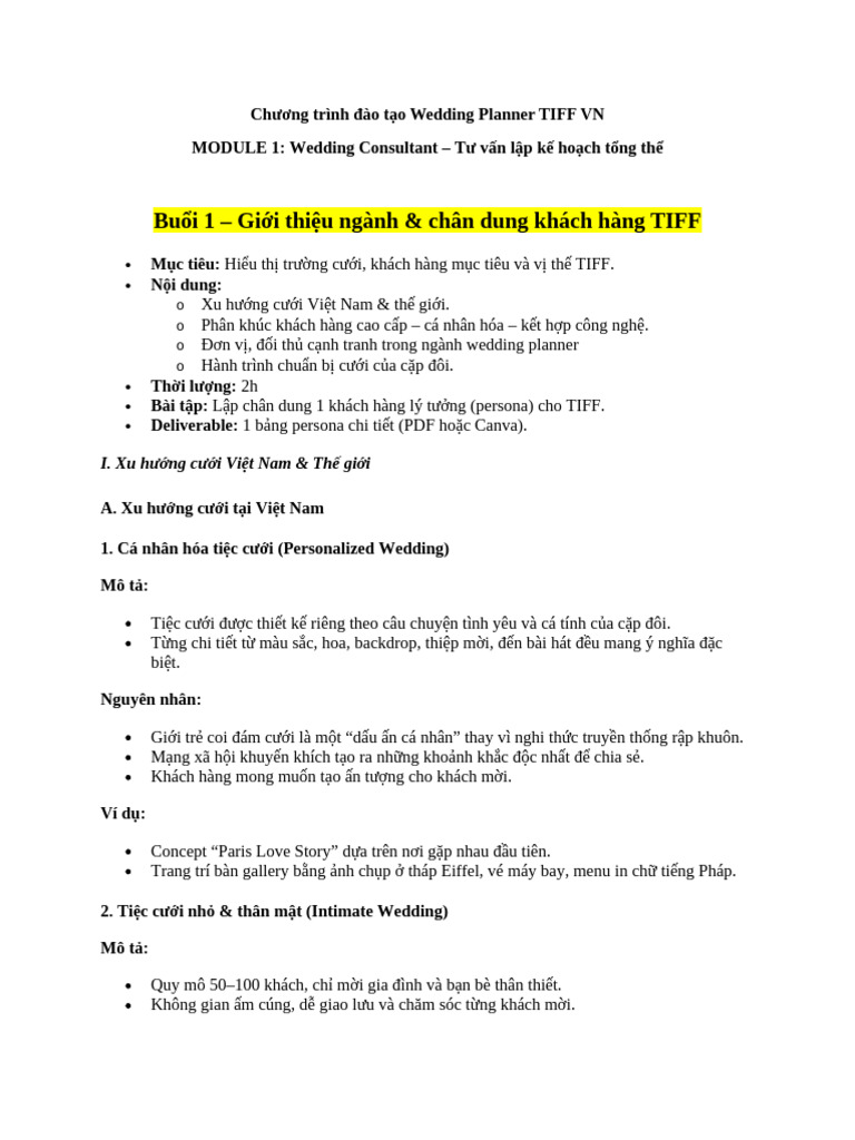 Nội Dung Module 1 - Chương Trình Đào Tạo Wedding Planner TIFF VN | PDF