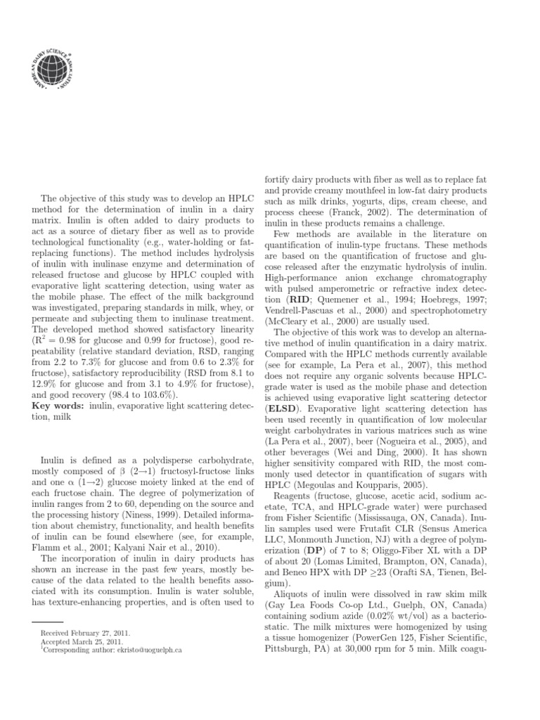 HPLC Method for Inulin in Dairy Products | PDF | Detection Limit | Glucose
