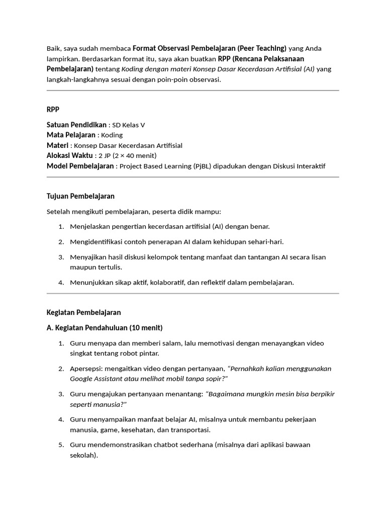 RPP Koding: Konsep Dasar AI SD Kelas V | PDF