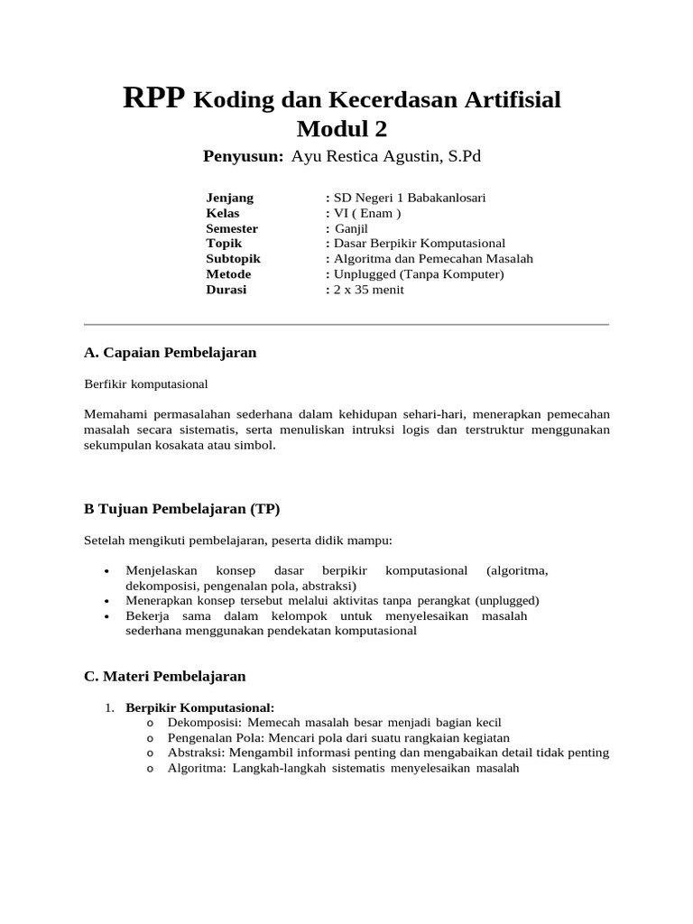 RPP Koding Kecerdasan Artifisial Kelas 6 | PDF