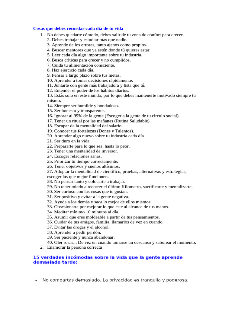 Cosas Que Debes Recordar Cada Día de Tu Vida | PDF