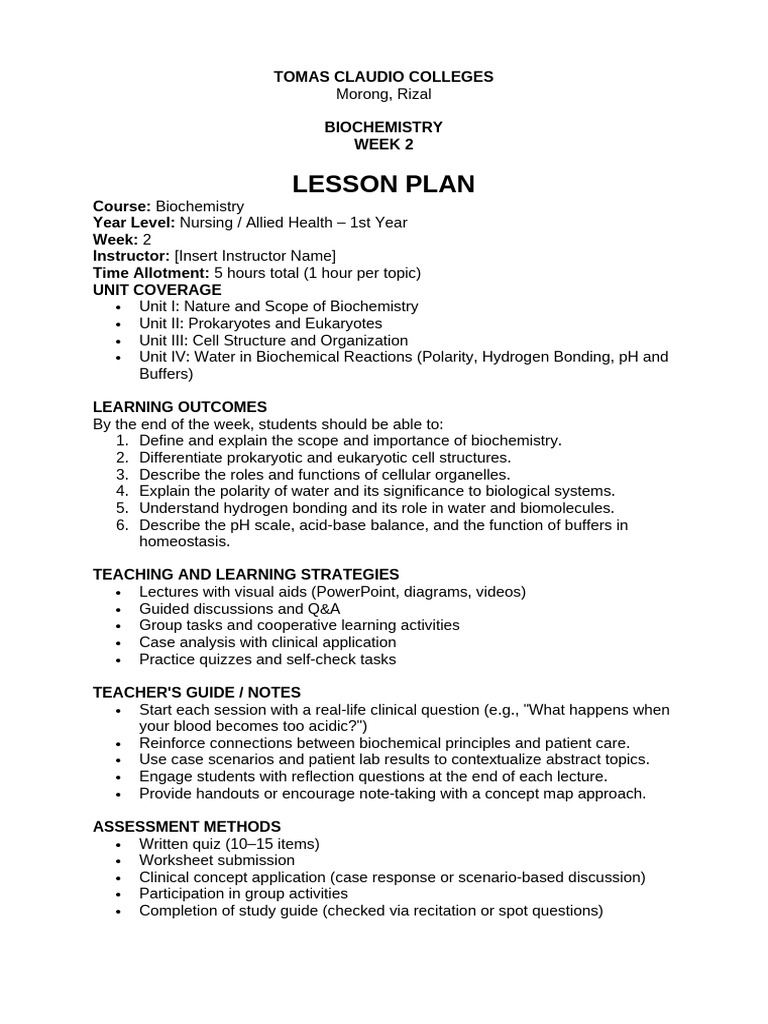 Biochem - Lesson Plan WK 2 | PDF