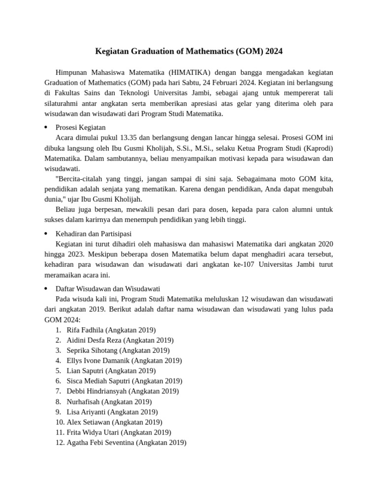 Graduation of Mathematics 2024 di Jambi | PDF