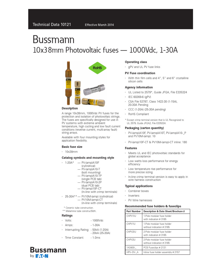 10x38mm 1000Vdc PV Fuses Guide | PDF | Fuse (Electrical) | Photovoltaics