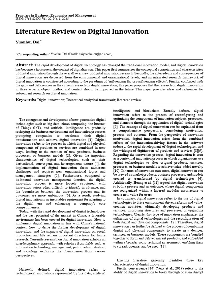 Literature Review on Digital Innovation | PDF | Innovation | Economic ...