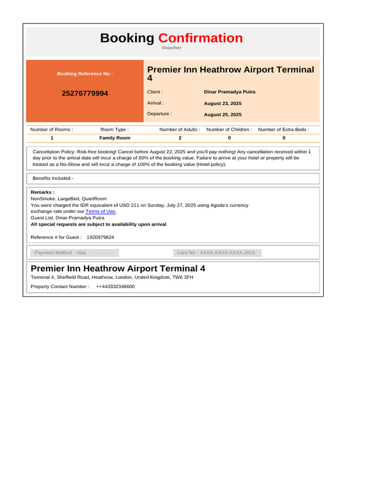 Premier Inn Heathrow Booking Confirmation | PDF