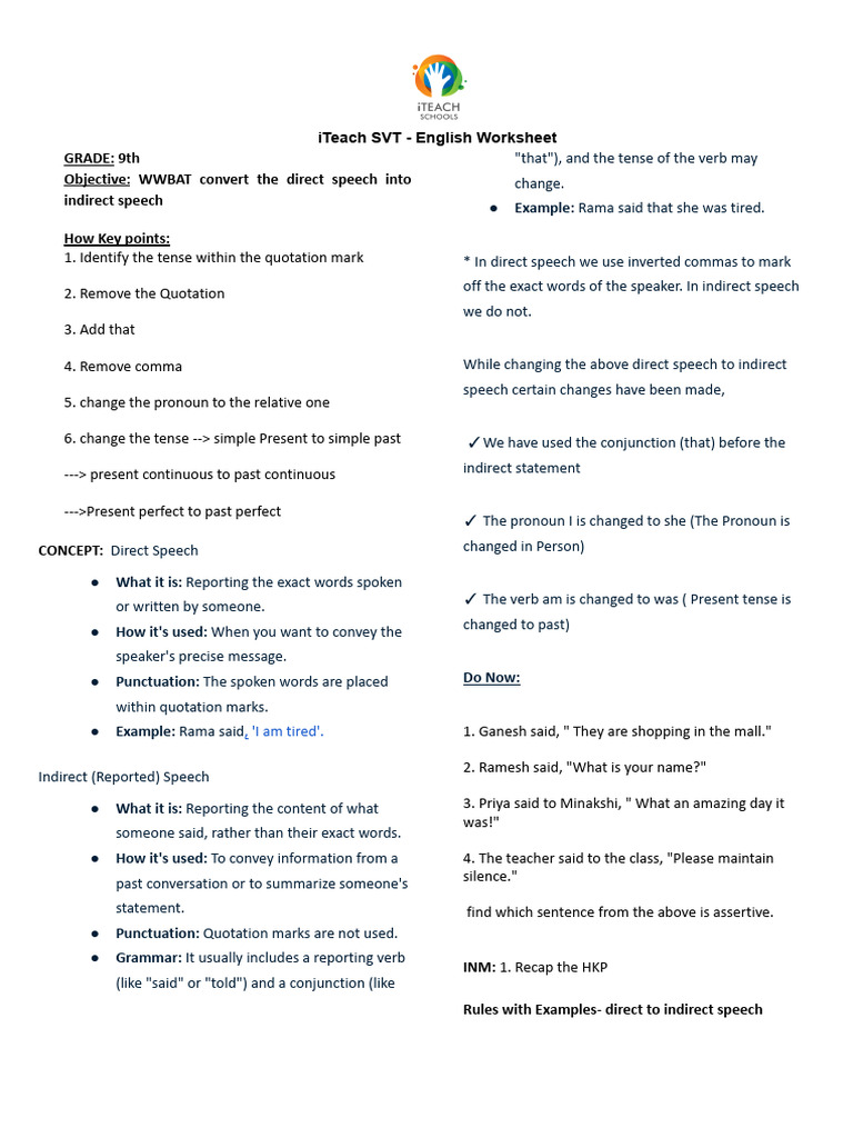 Direct to Indirect Speech Guide | PDF | Linguistics | Grammar