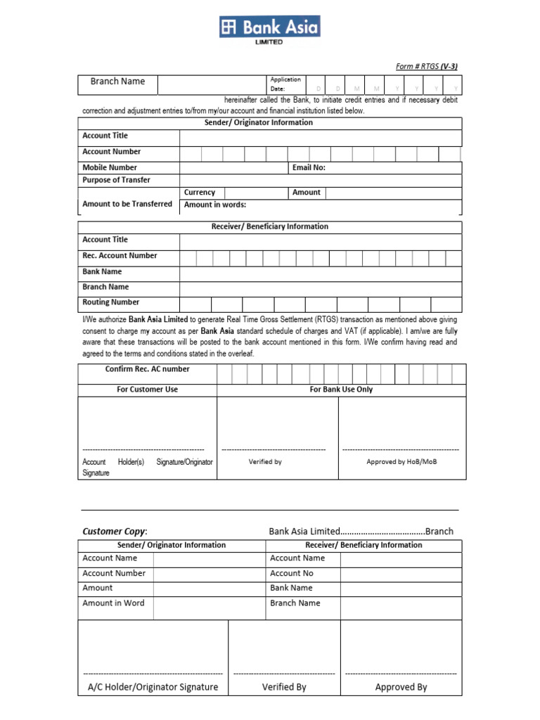 Bank Asia RTGS Transfer Authorization Form | PDF | Banks | Banking