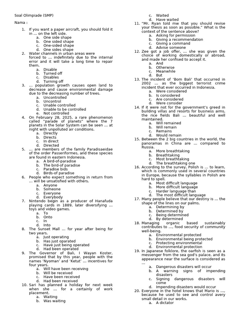 SMP Olympiad English Practice Questions | PDF | Obsessive–Compulsive ...