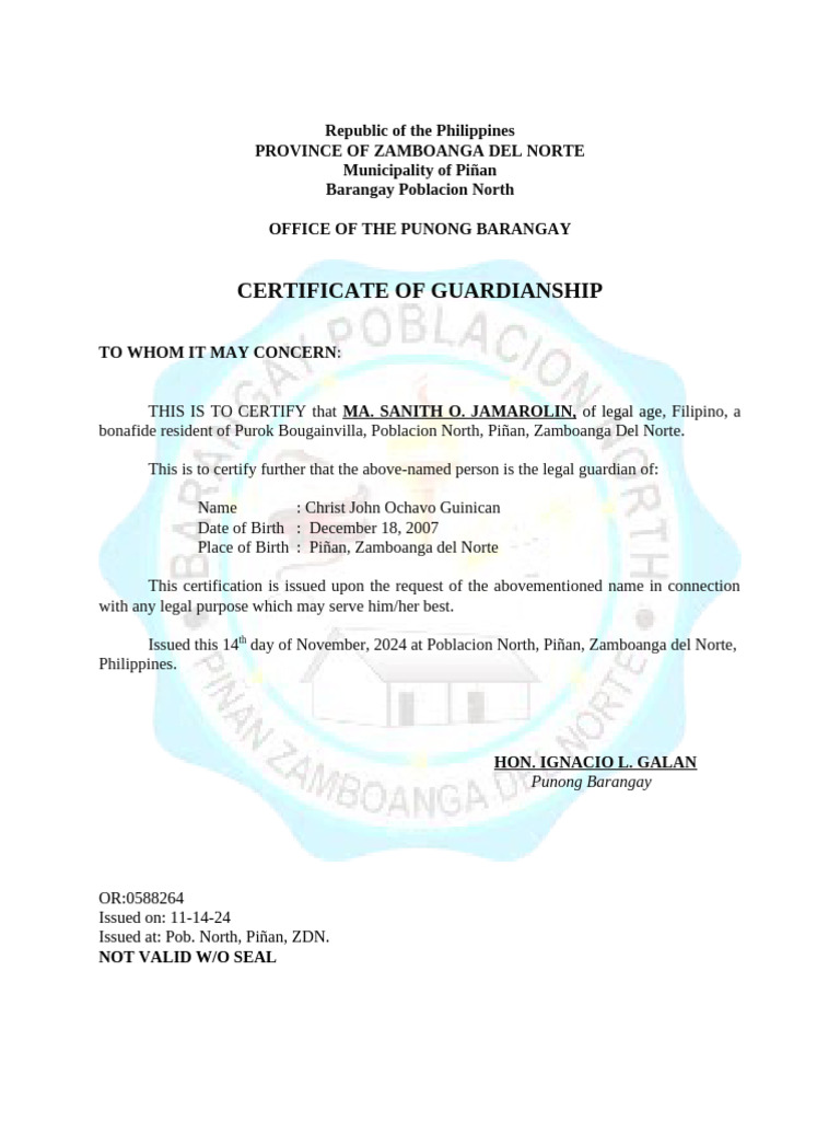 Barangay Certificate of Guardianship | PDF