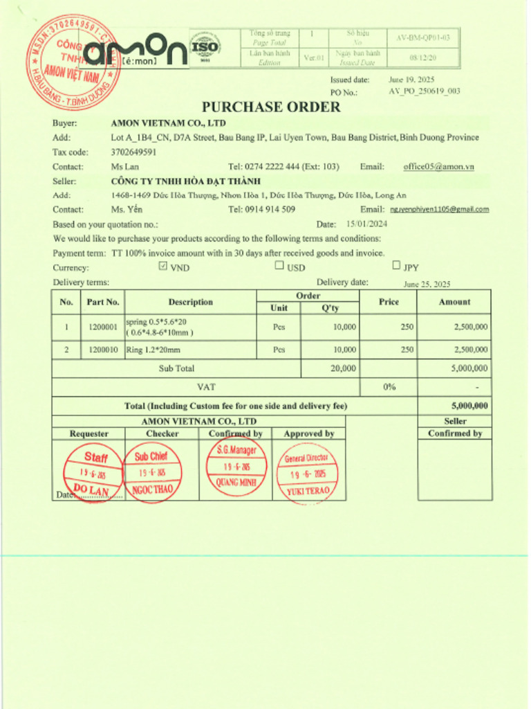 AV-PO-250619-003 - PO Hoa Dat Thanh (Vong Khoen Inox) | PDF