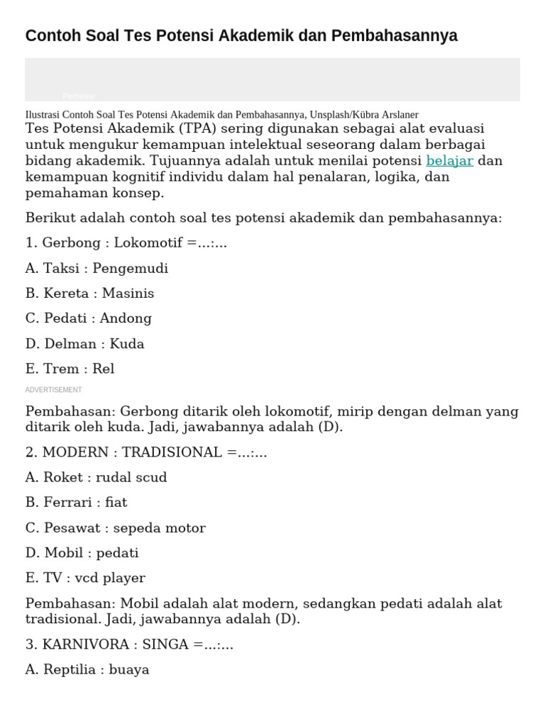 Contoh Soal TPA dan Pembahasan | PDF