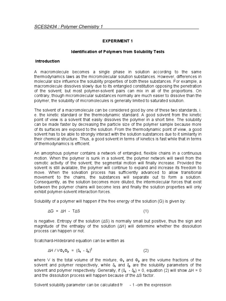 Polymer Solubility Identification Guide | PDF | Solvation | Polymerization