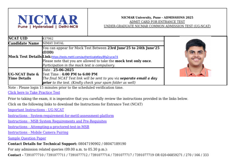 NCAT Admit Card PU2512700 | PDF