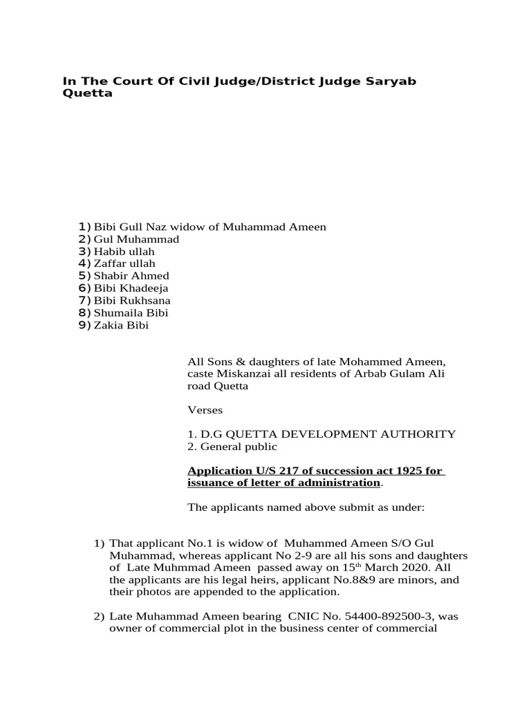 Succession Application for Muhammad Ameen's Estate | PDF