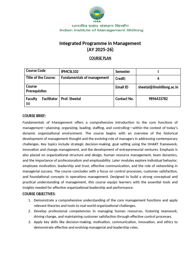 Final Course Outline - Fundamentals of Management | PDF | Leadership ...