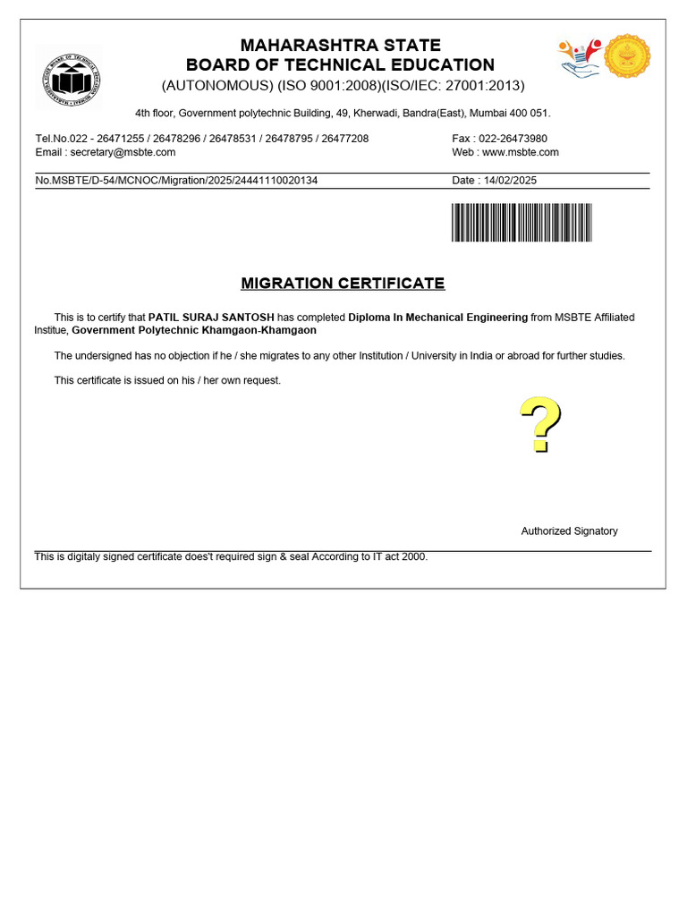 MSBTE Migration Certificate 2025 | PDF