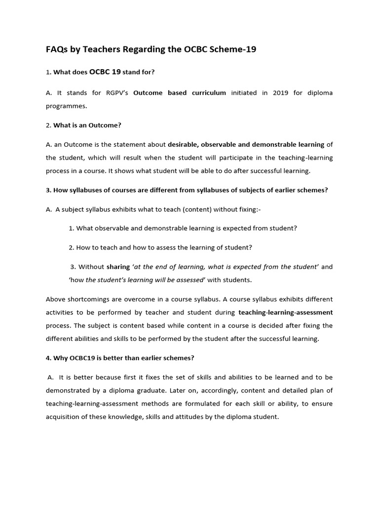 OCBC Scheme-19 Teacher FAQs | PDF | Learning | Curriculum