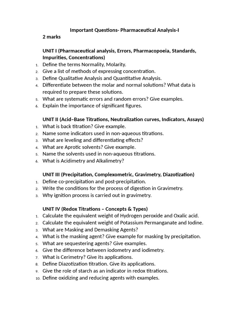 Pharmaceutical Analysis Questions Guide | PDF | Titration | Chemistry